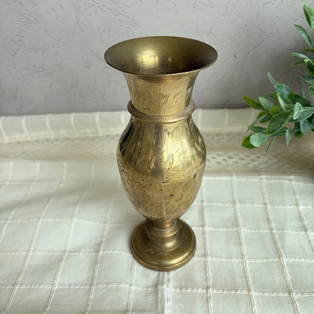 Vintage Hand Etched Brass Bud Vase Made in India Floral Pattern 7.5 Inch Gold
